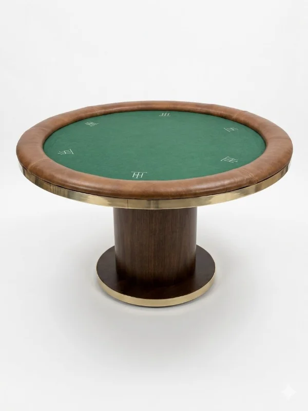 Round brass-edged poker table on a single cylindrical walnut pedestal