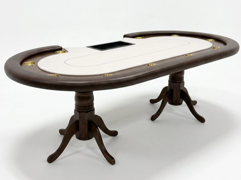 Eight-foot racetrack poker table with cream felt and brass cup holders