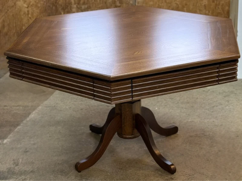 Hexagonal table in dining mode with solid walnut top