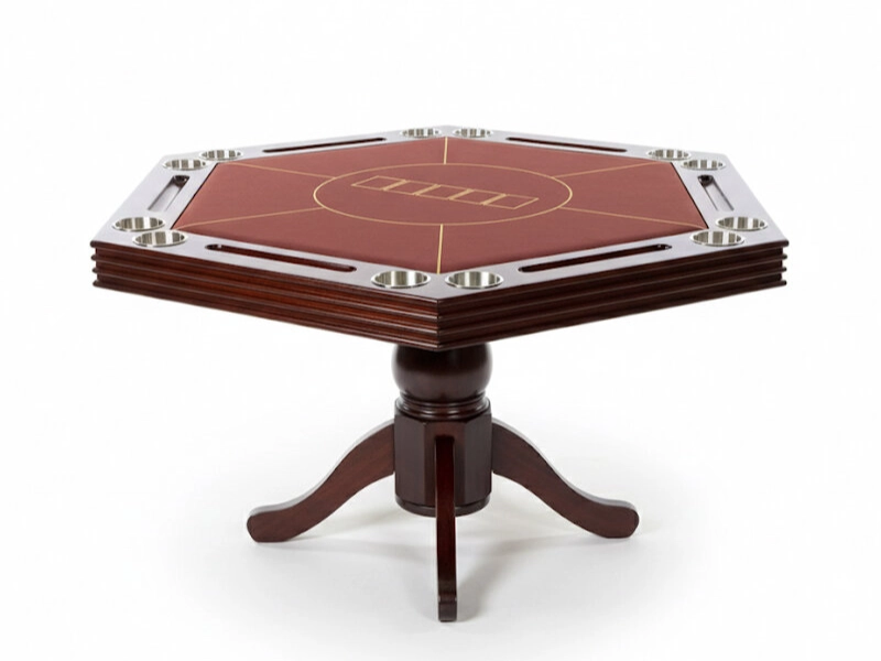 The Hexagonal in mahogany with chrome rail trim and maroon speed cloth