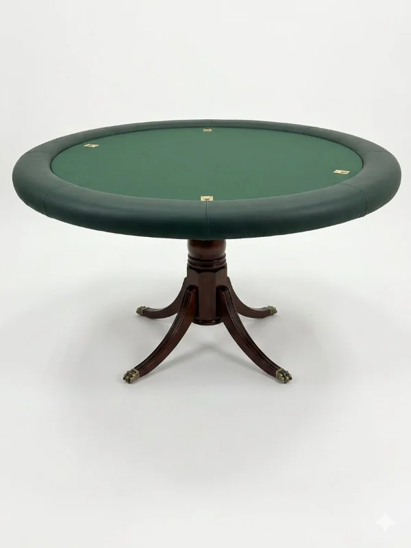 The Regency round games table in mahogany with forest green Connolly Monza leather