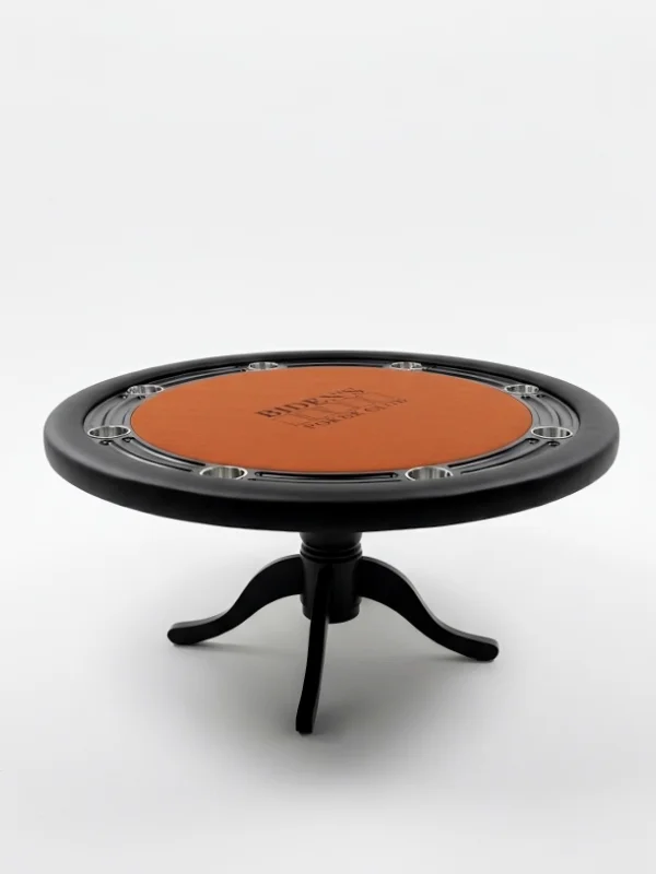 Black-finished round table with chrome chiprack and burnt orange custom-branded felt