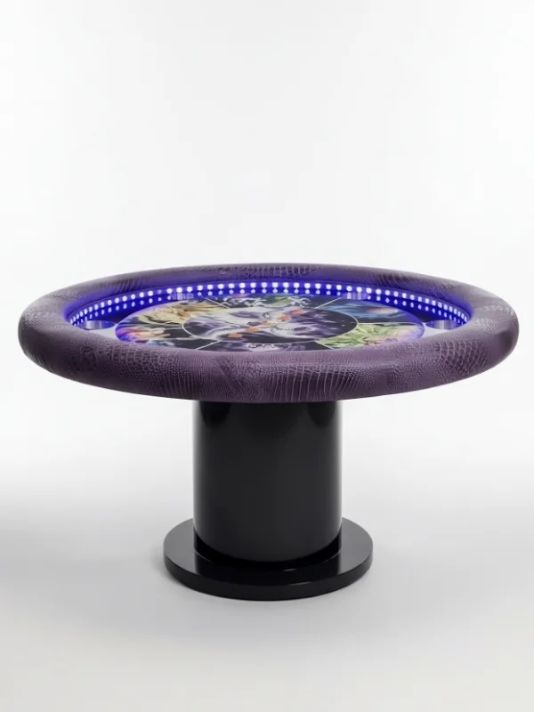Round table with purple crocodile-embossed vinyl rail, custom-printed felt, and integrated blue LED lighting
